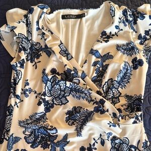 Ralph Lauren Cream and Blue Floral Wrap Blouse